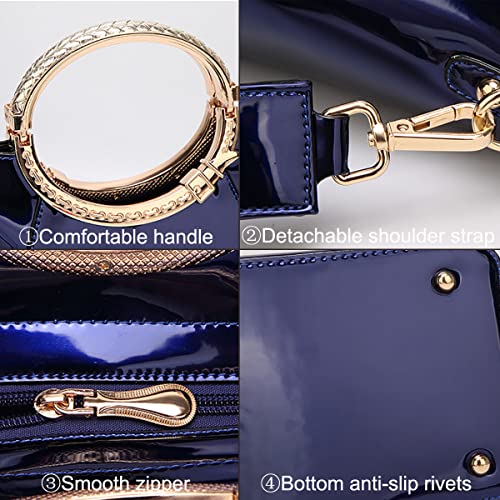 Xingchen Glossy Faux Patent Leather Shoulder Handbag Women Evening Party Satchel Flower Pendant Top Handle Tote Purses Blue #TOP6