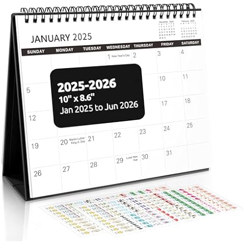 SKYDUE Desk Calendar 2025-2026, Jan 2025 to Jun 2026 18 Months Small Desk Calendar with Planner Stickers, 10" x 8" Desktop Calendar Planner, Black Cover