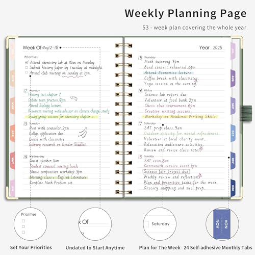 RETTACY Undated Planner, Weekly and Monthly, 53 Weeks and 12 Months, Medium Size (5.7" x 8.3"), 24 Self-adhesive Monthly Tabs, Hardcover, 100 GSM Thick Paper, Spiral-bound (Light Green) - Image 3