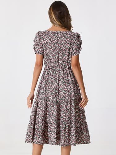 Image of Allegra K Women's Floral Dresses Square Neck Puff Short Sleeves Tiered Ruffled Hem Dress X-Small Black