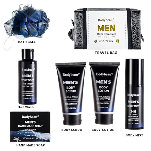 Beautifier Life Men's Bath and Body Spa Gift Set - 7-Piece Kit with 3-in-1 Shower Gel, 2-in-1 Handmade Soap and Travel Bag - Father's Day/Birthday for Dad, Husband, Boyfriend and Friends