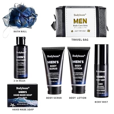 Men's Bath and Body Spa Gift Set - 7-Piece Kit with Daily Care 3-in-1 Wash, 2-in-1 Handmade Soap & Travel Bag - Father's Day/Birthday/Christmas Gifts for Dad, Husband Son from Family