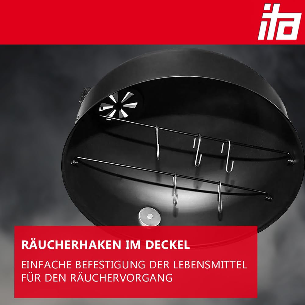 ITA Räuchergrill 3in1 Multifunktional - Grillen, Räuchern, Garen - Modularer Holzkohlegrill Smoker mit Thermometer & regulierbarem Luftabzug am Deckel - Grilltonne Räucherofen