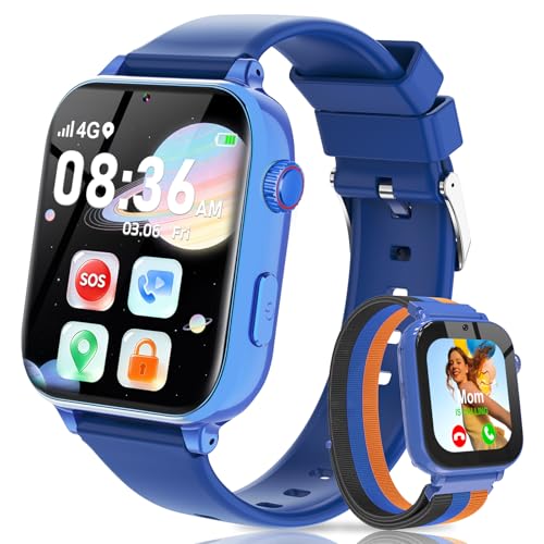 Yiphun 4G Kids Smart Watch with GPS Tracker, Video Call, Texting, and Phone Calls, Smart Watch for Kids with SIM Card, School Mode Alarm Clock SOS Alerts, Watch Gift for Age 4-12 Boys Girls, Bule