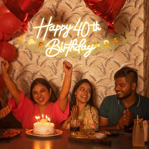 Image of Happy 40th Birthday Neon Sign For Birthday Party16.5 inch*10.5 inch Neon Happy Birthday Led Neon Light For Party Backdrop Wall Decor With Dimmable Switch Birthday Light Up Sign Birthday Gift