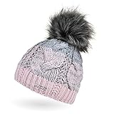Neverless® Damen Strick-Mütze gefüttert Fleece-Innenfutter Fell-Bommel Kunstfell Winter-Mütze Bommelmütze Zopfmuster Mehrfarbig rosa-grau