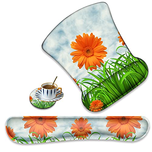 XMTMR-Glass Ergonomically Upgraded Keyboard Wrist Rest and Comfortable Gel Mouse Pad Set, Non-Slip Rubber Base Cute Coaster, for Work, Game Home, Sunflower