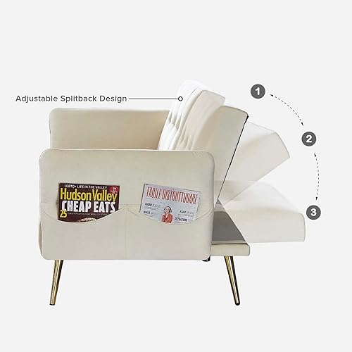 Miniatura 3 de Sofá cama futón convertible de terciopelo, moderno sofá biplaza reclinable con reposabrazos ajustables, 4 bolsillos laterales, sofá cama plegable