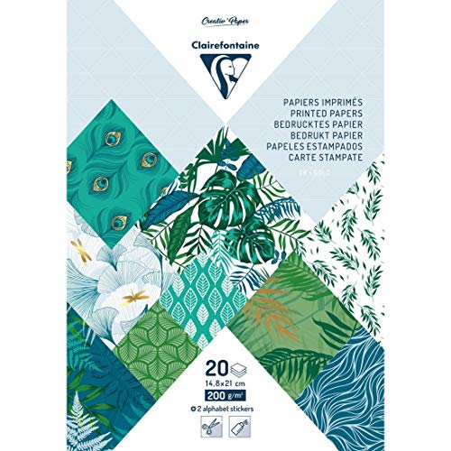 Clairefontaine 95267C Bloc de 20 Feuilles à Motifs en Papier Cartonné 200g + Stickers Alphabet + Étiquettes à découper - Format A5 (14,8x21cm) – Papier Scrapbooking Loisirs Créatifs - Végétal chic