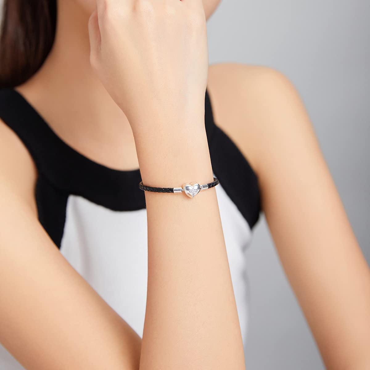 Braccialetti a Catena in Pelle di Base in Argento 925 con Croce Nera in Argento per Regalo di Gioielli di Fidanzamento da Donna