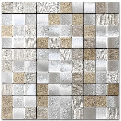 M MOFIT Stone Backsplash Tile Peel and Stick for Kitchen,Bathroom Square Mosaic Wall Sticker Panels Waterproof(Beige Champagne 10pcs)