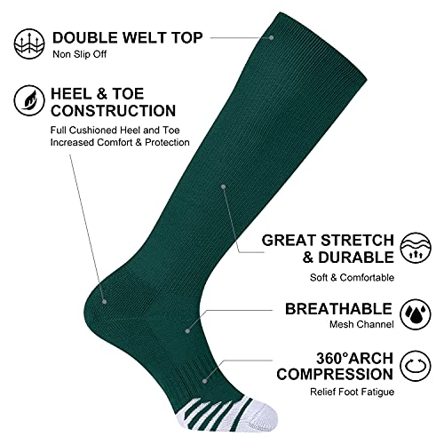 Fitrell 2 Pack Baseball Soccer Softball Socks For Youth Men & Women Over-The-Calf Knee High Socks, Green, Large #TOP2