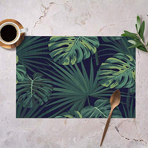 Mugod Placemats Black Leaf Dark Tropical With Jungle Plants Green Sabal Palm Monstera Leaves Floral Decorative Heat Resistant Non-Slip Washable Place Mats For Kitchen Table Mats Set Of 4 12"X18" #TOP1