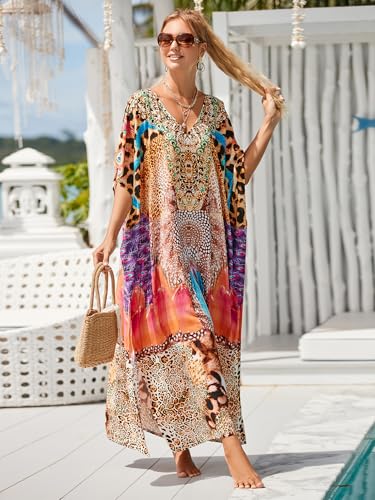Image of Moss Rose Kaftan Dresses for Women V Neck Summer Swimsuit Cover up Caftan Maxi Beach Dresses