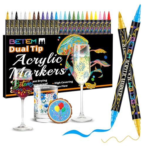 Betem Acrylic Paint Markers, Dual Tip 24 Colors Acrylic Paint Pens with Brush Tip and Fine Point, Permanent Glass Markers, Art Supplies for Rock, Wood, Canvas, Stone, Ceramic, Rock Painting Kit
