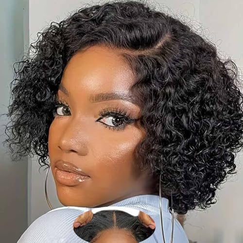 Image of Srakuw Wear and Go Glueless Wigs Human Hair Pre Plucked Pre Cut Water Wave 4x4 Lace Front Wigs for Black Women Human Hair 180% Density Curly Bob Wig Human Hair (6 Inch)