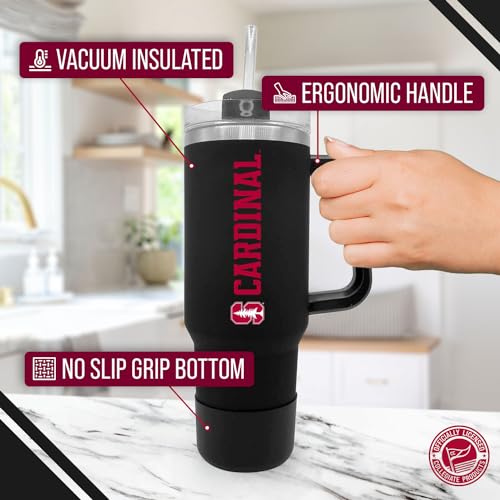 Image of Campus Colors College & University 40 oz Travel Tumbler With Handle - Dual Option Lid With Straw - Vacuum Insulated Stainless Steel (Stanford Cardinal - Black)
