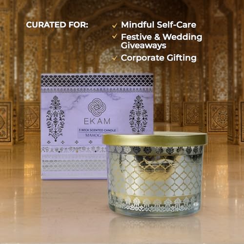 Image of EKAM 2025-26 Festive Fragrance Gift| Scented 3 Wick Candle| Mahogany | Inspired by Sheesh Mahal | 28-Hour Burn | Essential Oil Infused | Gift Box for Diwali & Celebrations