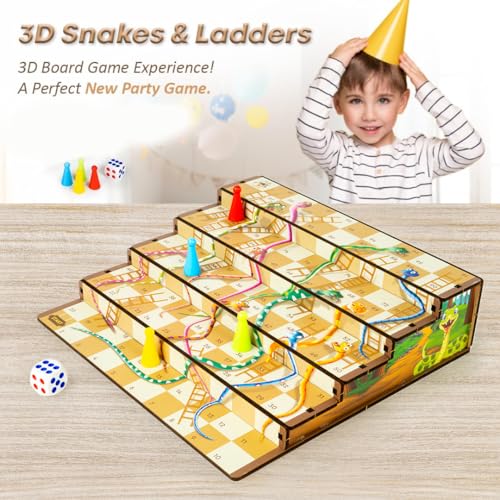 Image of 3D Snakes & Ladders Junior, MDF Wooden Ladder Shaped Board Game for Kids & Adults
