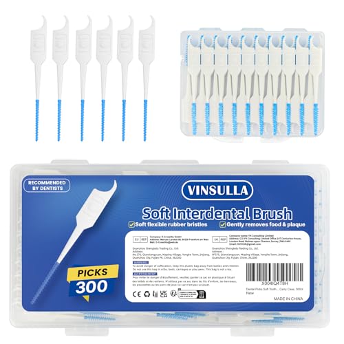 Image of VINSULLA Soft Silicone Interdental Brushes, 300 Count | BPA-Free Flexible Dental Picks with Travel Case for Gentle Teeth Cleaning, Blue