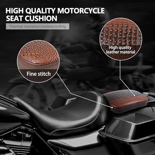 Image of DREAMIZER Motorcycle Rectangular Pillion Passenger Pad Seat Universal Crocodile Style Brown Solo Seat Leather Pillon 8 Cushion Compatible with Harley Cruiser Chopper Custom