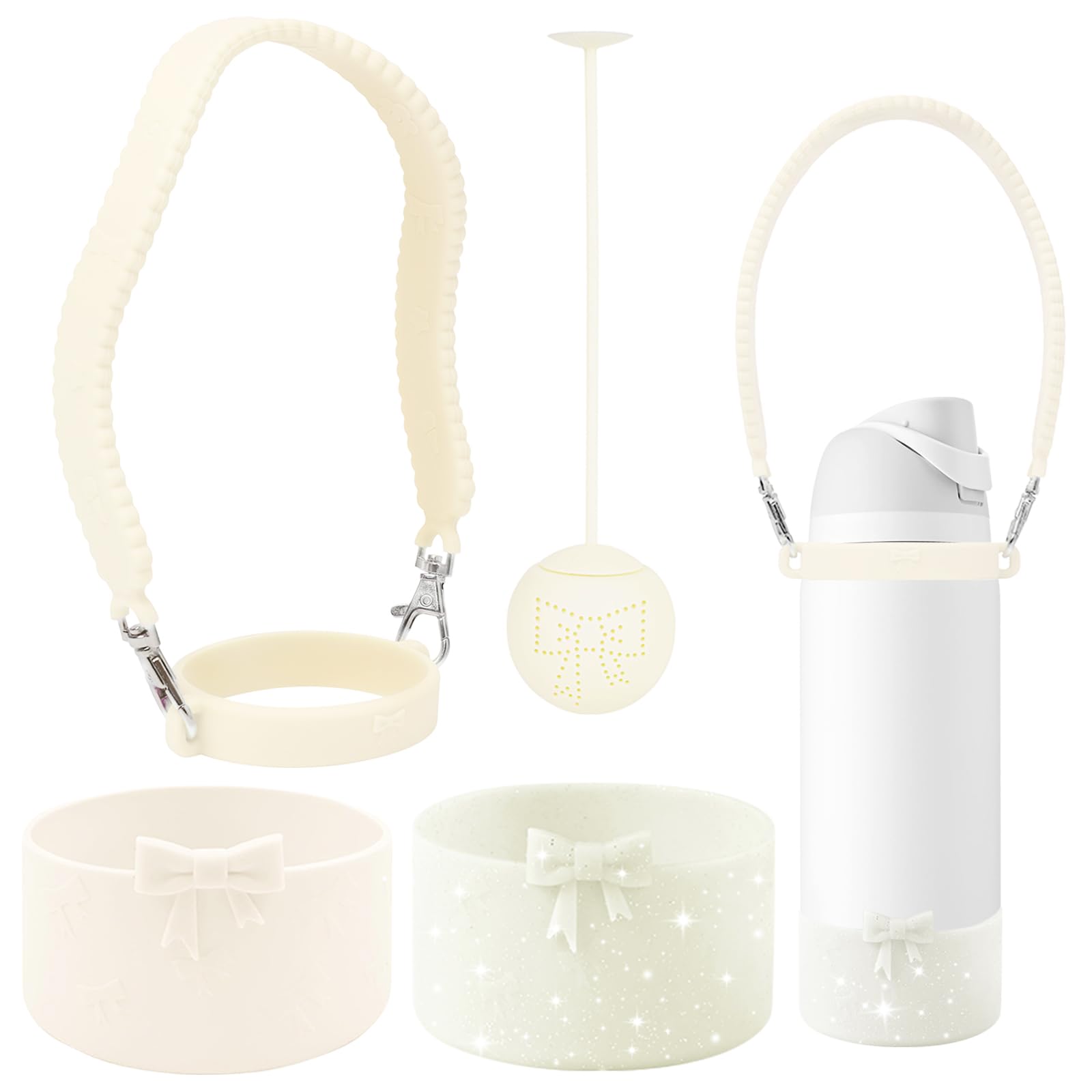 GAISHION Silicone Bow Water Bottles Accessories Set for Owala 32 oz Water Bottles，Including Silicone Water Bottle Handle Strap, Silicone Boots,Silicone Tea Strainer - Beige