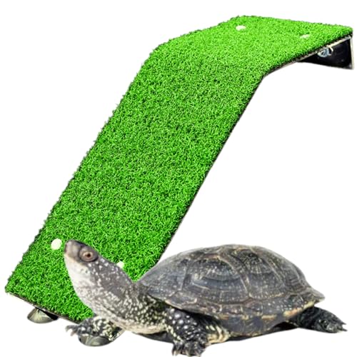 Saim 17Inch LengthTurtle Basking Platform Acrylic Reptile Ramp with Fake Grass Resting Terrace for Aquatic Turtles, Frogs, Newts, Salamanders and Axolotls - Large