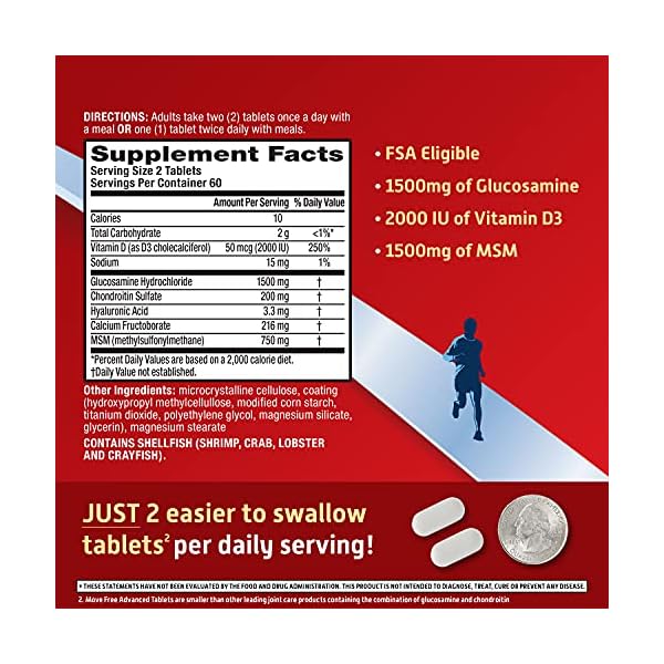 Move Free Advanced Glucosamine Chondroitin MSM + Vitamin D3 Joint Support Supplement, Supports Mobility Comfort Strength Flexibility & Bone + Immune Health - Tablet, 3x120ct Bottles (120 servings)*