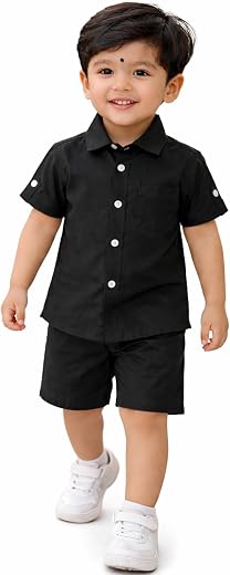 Aaraksh Baby Boys Cotton Shirt with Shorts | Half Sleeve Solid Plain Shirt with Elastic Shorts | Kids Summer Outfit