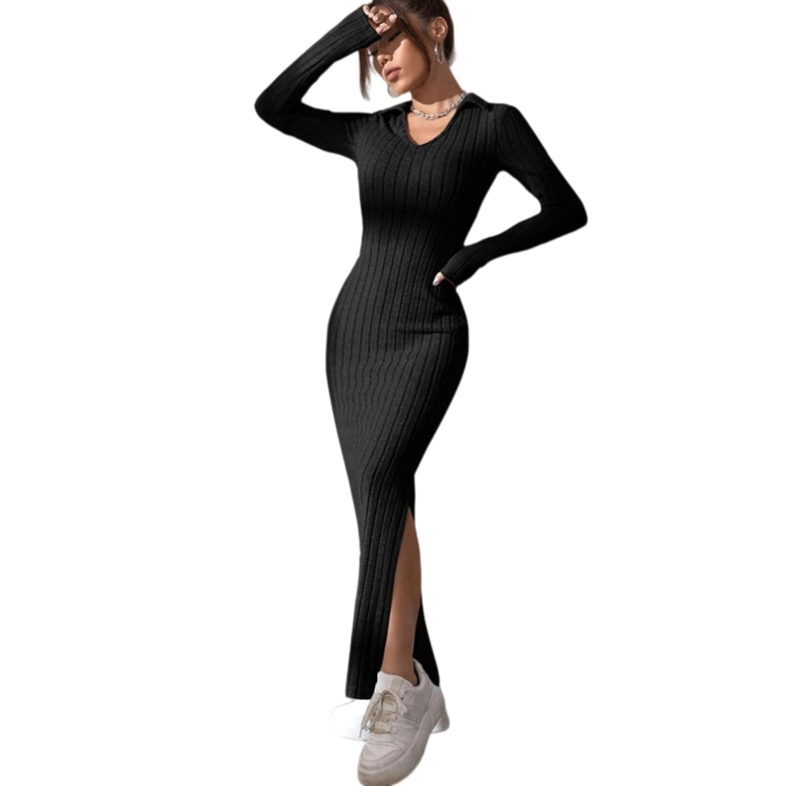 Vestito Donne Maglia Abito Sottile, Collare A Serra Manica Lunga Bodycon Monocolore Elegante Outfit Primavera Estate-Army Green-s
