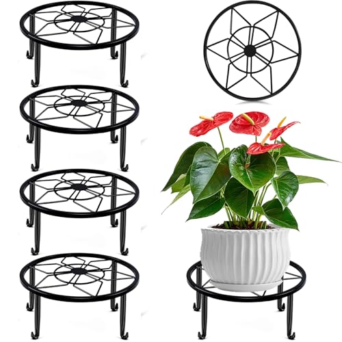 4 Pack Black Metal Potted Plant Stand for Indoor and Outdoor Plants 9.1 inches Heavy Duty Flower Pot Planter Holder, Metal Rustproof Iron Garden Container Round Supports Rack for Planter Pumpkin Stand
