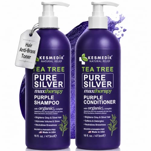 Image of KESMEDIK Tea Tree Purple Shampoo and Conditioner Set for Bleached Blonde, Silver & Gray Hair, Anti-Brass Toning, Cleans & Hydrates Hair, Refreshes Scalp, Sulfate-Free Botanical Formula