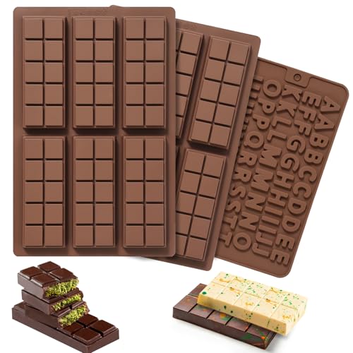 Set di 3 Stampi in Silicone, Stampo in Silicone per Cioccolato Lettere e 6 Quadrati, Stampi per cioccolato con linee separatrici per Cioccolato Fatto a Mano, Dolci e Caramelle, Fai-da-te (Model 1)