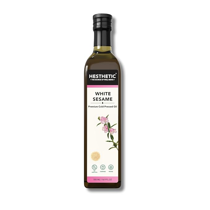 HESTHETIC Premium Edible Cold Pressed White Sesame Seed (Gingelly) Oil, 500ML,Til Ka Tel, Rich in Healthy Fats, Ideal for Cooking, Frying and Salad Dressings, 100% Pure and Natural, Food Grade Virgin Oil, Glass Bottle