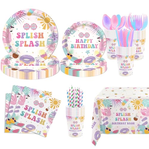 MEHOFOND Splish Splash Birthday Party Supplies Tableware Set 193 Pcs Summer Pool Party Disposable Plates Cups Napkins Cutlery with Plastic Tablecloth for Girls Tropical Birthday Party