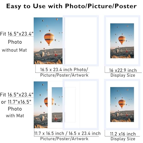 Image of JCJMY 16.5x23.4 A2 Picture Frame White with 11.7x16.5 A3 Mat, Display Photo 11.7x16.5 with Mat or 16.5 x 23.4 Without Mat, Wall Hanging Large Frame with Plexiglass, White