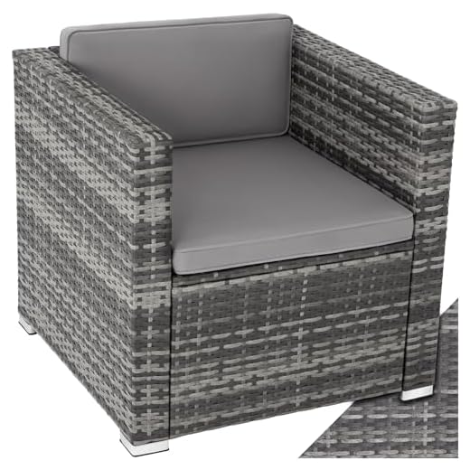 TecTake® Cosy Rattan Garden Armchair, UV-Resistant Poly-Rattan, Steel Frame, Removable Water-Repellent Washable Covers, Easy Clean Single Sofa Chair for Patio, Conservatory, Summer House - grey