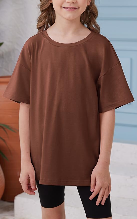 ZDC Girls Short Sleeve T Shirts Kids Summer Oversized Tops Trendy Crewneck Basic Tees 5-14 Years Brown 5-6 Years image 2 of 5 B0F4QMKXQH