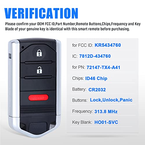 Keymall Keyless Entry Remote Key Fob Replacement for Acura RDX 2013 2014 2015 FCC ID:KR5434760 P/N:72147-TX4-A41 3 Buttons - Thumbnail 3