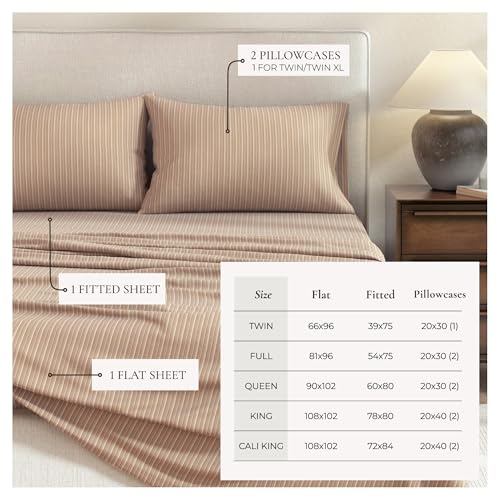 Image of Great Bay Home Flannel Sheets King Size - 100% Turkish Cotton, Double-Brushed, Plaid and Stripe Bed Sheet Set - Ultra-Soft, Cozy, 4-Piece Bedding Set (Tonal Stripe)