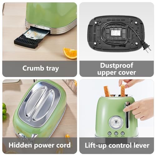 Toaster-Retro-2-Slice-Vintage-Toaster-Green-Toaster-With-Stainless-Steel-Lid-With-Bread-Attachment-Preheat-Defrost-And-Cancel-Functions-6-Browning-Levels-Green Toaster Retro 2 Slice Vintage Toaster Green Toaster With Stainless Steel Lid With Bread Attachment Preheat Defrost And Cancel Functions 6 Browning Levels Green