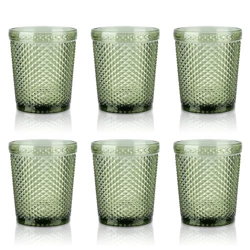 Joeyan Set de 6 Copas Verde de Agua Vintage, 300ml Vasos de Agua Colorida Elegantes, Copas de Vidrio con Relieve Cristaleria para Bar Restaurante en Casa, Apto para Lavavajillas