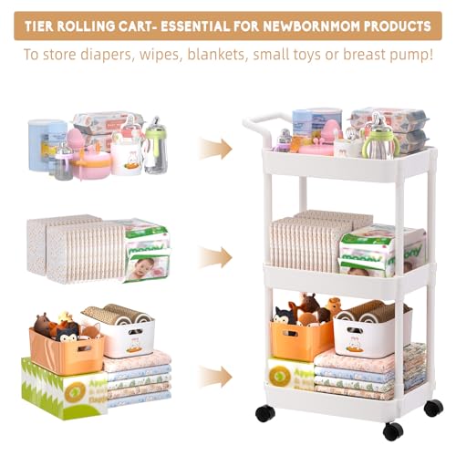Image of Volnamal Baby Diaper Caddy, Plastic Movable Cart for Newborn Nursery Essentials Diaper Storage Organizer for Changing Table & Crib, Easy to Assemble, Baby Registry, Off-White