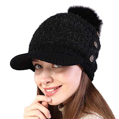 Kangqifen Damen Warmes Futter Schirmmütze Wintermütz Strickmütze mit Bommel Visier 3 Knöpfe (schwarz)