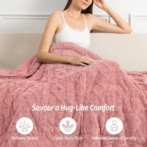 Image of Wemore Weighted Blanket for Adults Twin Size 15 lbs, Dual Sided Soft Fuzzy Jacquard Sherpa Weighted Blankets, Cozy Fluffy Knitted Heavy Blanket, Apricot Pink, 60 x 80 inches