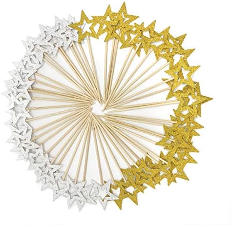50 Pcs Gold & Silver Star Cupcake Toppers,Star Cupcake Toppers Twinkle Little Star Decorations Birthday Cupcake Toppers Glitter Star Cake Decoration for Party Birthday Wedding Ceremony (Gold & Silver)