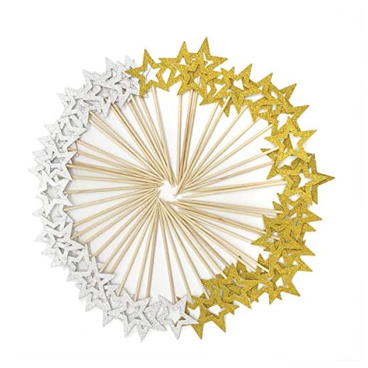 50 Pcs Gold & Silver Star Cupcake Toppers,Star Cupcake Toppers Twinkle Little Star Decorations Birthday Cupcake Toppers Glitter Star Cake Decoration for Party Birthday Wedding Ceremony (Gold & Silver)