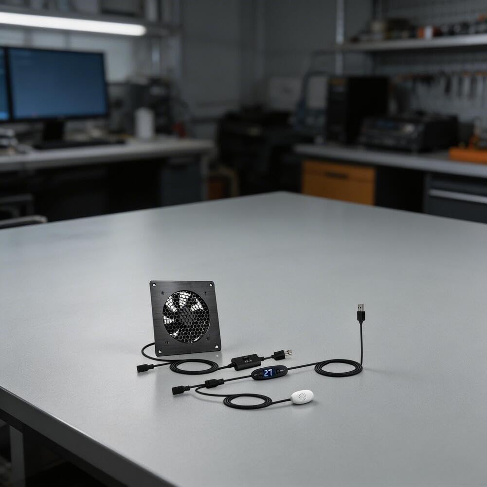 Ventola USB con termostato 0-60 °C, 3 velocità, silenziosa 19,3 dB, doppio cuscinetto a sfera, alloggiamento in alluminio, ventola di raffreddamento per armadi AV, serra, gabbia per animali