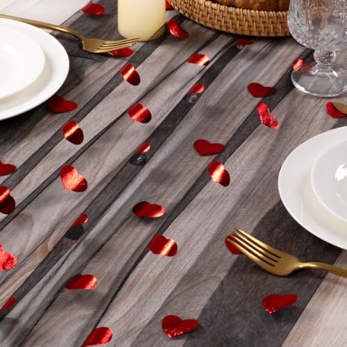 Image of Valentine Heart Table Runner Black Sheer Gauze Foil Table Runner 120 Inch