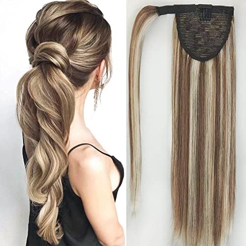 RECOOL Ponytail Extension Human Hair Light Brown with Bleach Blonde Wrap Around Clip in Ponytail Hair Extensions Hair Piece Real Remy Human Hair Ponytail Extension for Women Long Straight(14 inch)